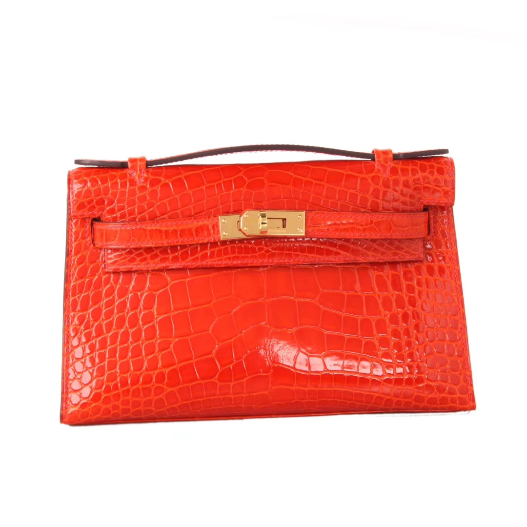 Hermès（爱马仕）minikelly迷你凯莉  火焰橙 亮面鳄鱼 金扣 一代 22cm