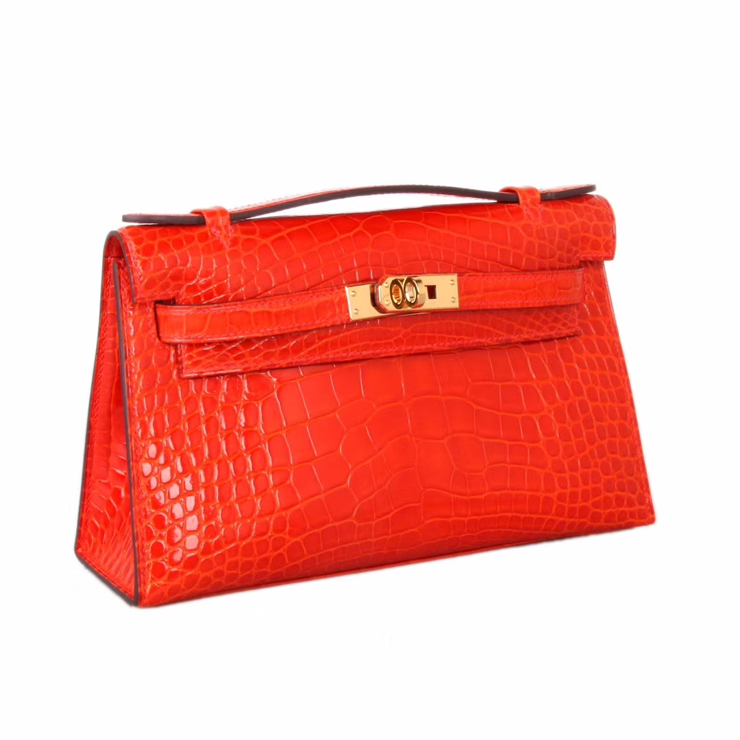 Hermès（爱马仕）minikelly迷你凯莉  火焰橙 亮面鳄鱼 金扣 一代 22cm