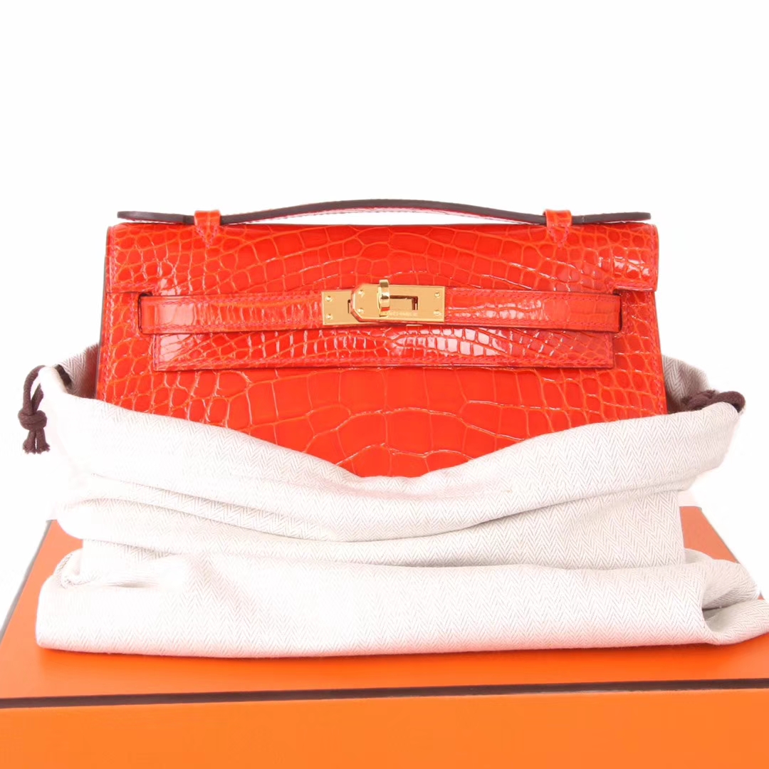 Hermès（爱马仕）minikelly迷你凯莉  火焰橙 亮面鳄鱼 金扣 一代 22cm