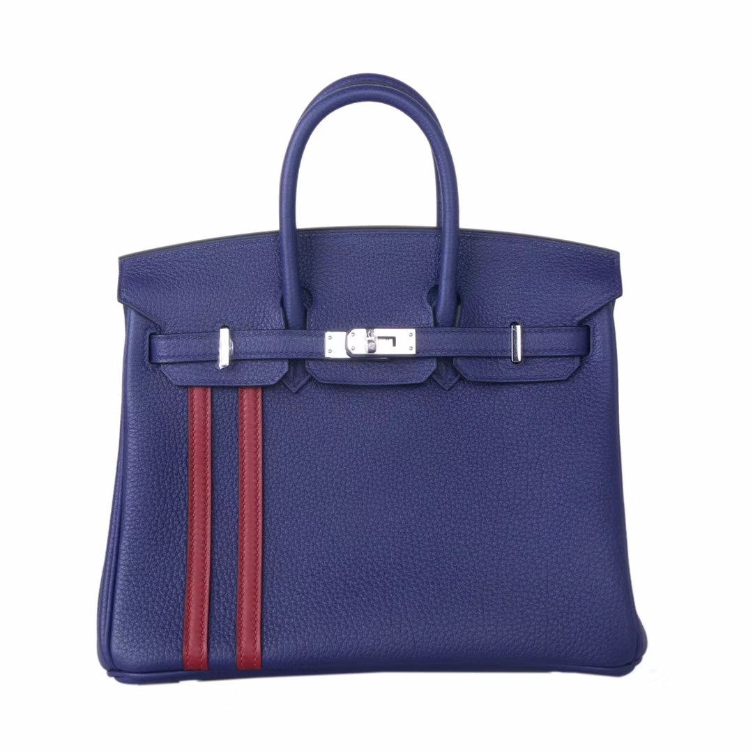 Hermès（爱马仕）birkin铂金包 M3墨水蓝双杠彩条 内拼 酒红 togo 银扣 25cm