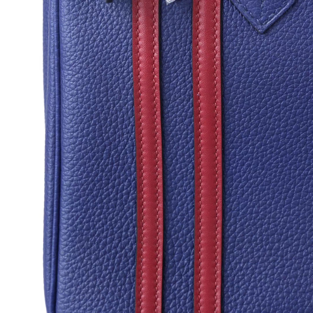 Hermès（爱马仕）birkin铂金包 M3墨水蓝双杠彩条 内拼 酒红 togo 银扣 25cm