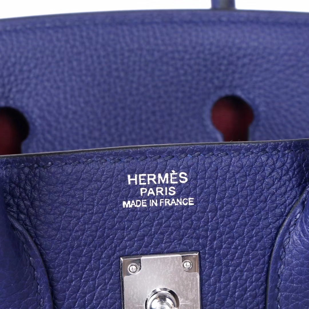 Hermès（爱马仕）birkin铂金包 M3墨水蓝双杠彩条 内拼 酒红 togo 银扣 25cm