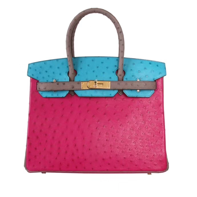 Hermès（爱马仕）Birkin 铂金包 斑鸠灰拼桃红拼马卡龙蓝 鸵鸟皮 金扣 30cm