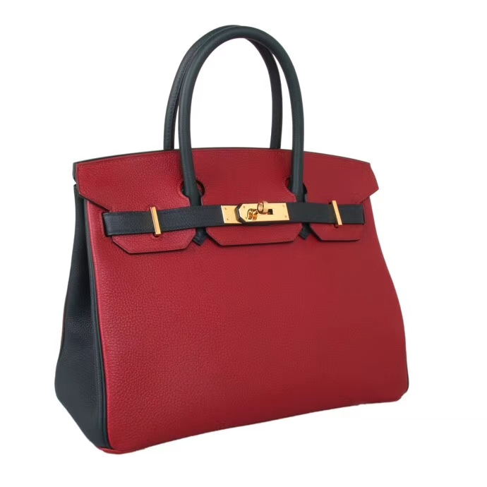 Hermès（爱马仕）Birkin 铂金包 石榴红拼墨绿 小牛皮 togo 金扣 30cm