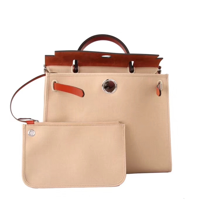 Hermès（爱马仕）Herbag 酒红马鞍皮拼 原色帆布 31cm 现货