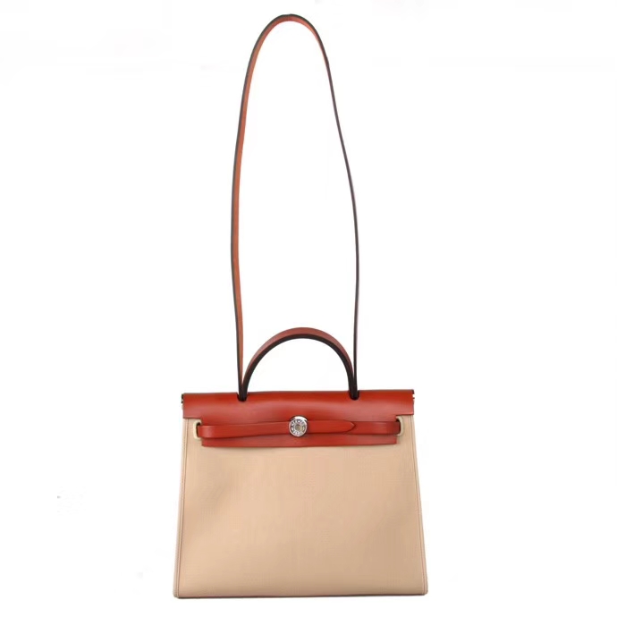 Hermès（爱马仕）Herbag 酒红马鞍皮拼 原色帆布 31cm 现货