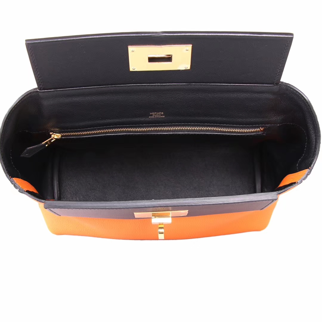 Hermès（爱马仕）Kelly 2424 橙色拼黑色 togo 金扣 29cm