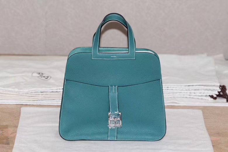 Hermès（爱马仕）Halzan手提包 孔雀蓝 马鞍皮 TOGO 银扣 30cm