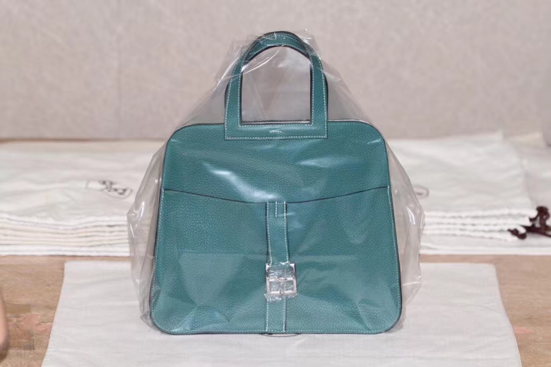 Hermès（爱马仕）Halzan手提包 孔雀蓝 马鞍皮 TOGO 银扣 30cm