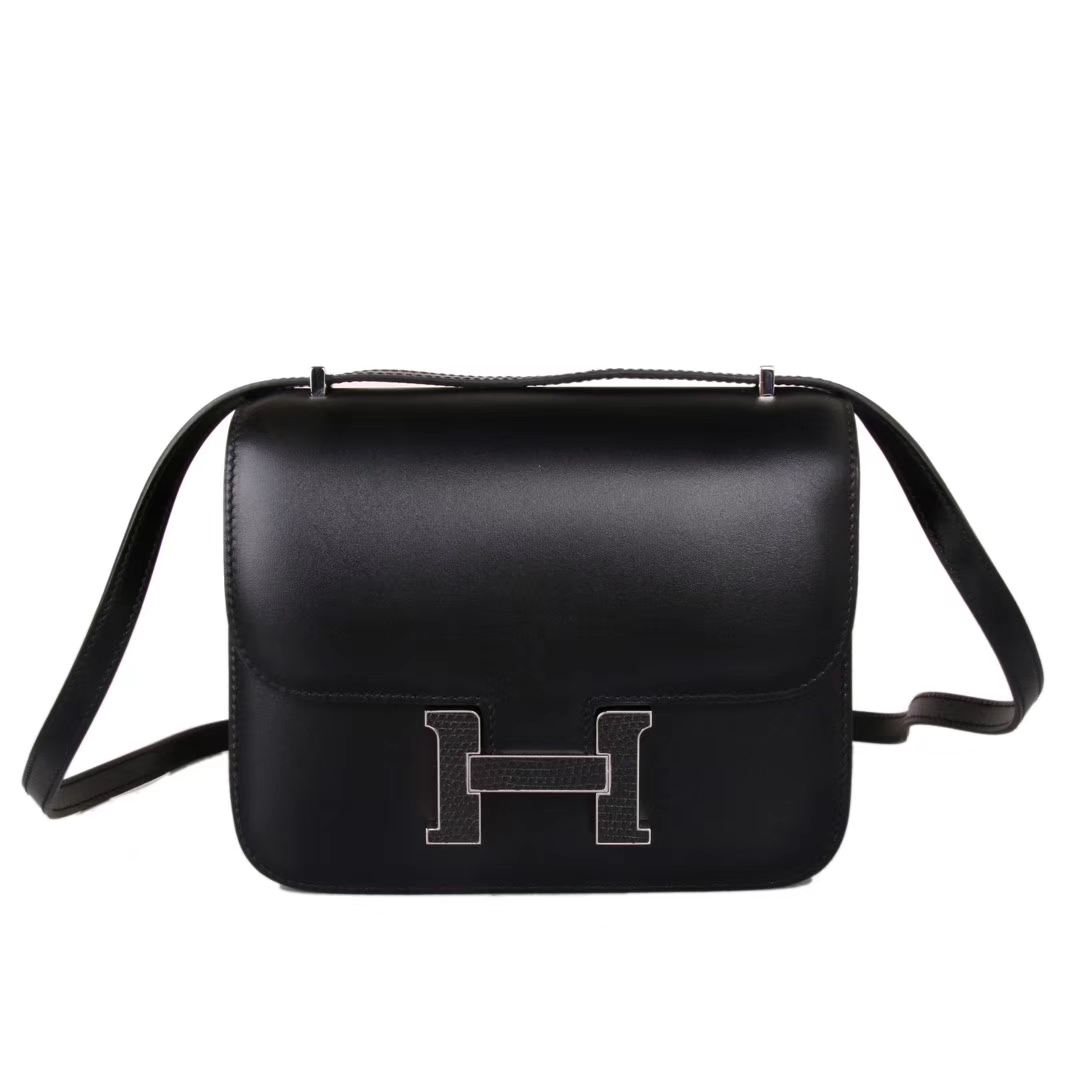 Hermès（爱马仕）Constance空姐包 黑色 Box皮料 蜥蜴扣 19cm