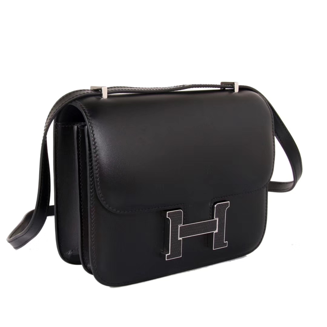 Hermès（爱马仕）Constance空姐包 黑色 Box皮料 蜥蜴扣 19cm