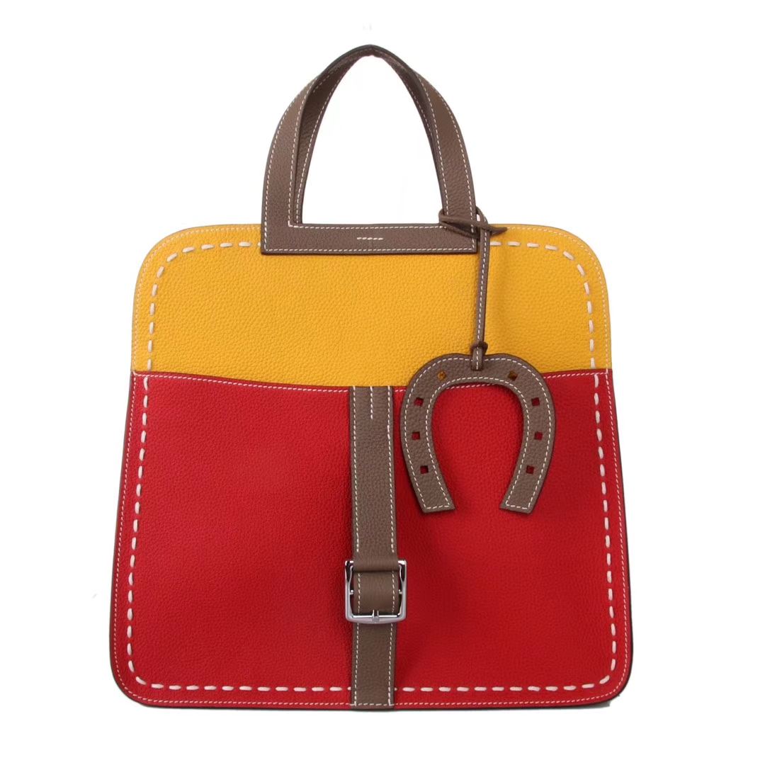 Hermès（爱马仕）halzan 30cm 三拼色（琥珀黄 中国红 大象灰） togo