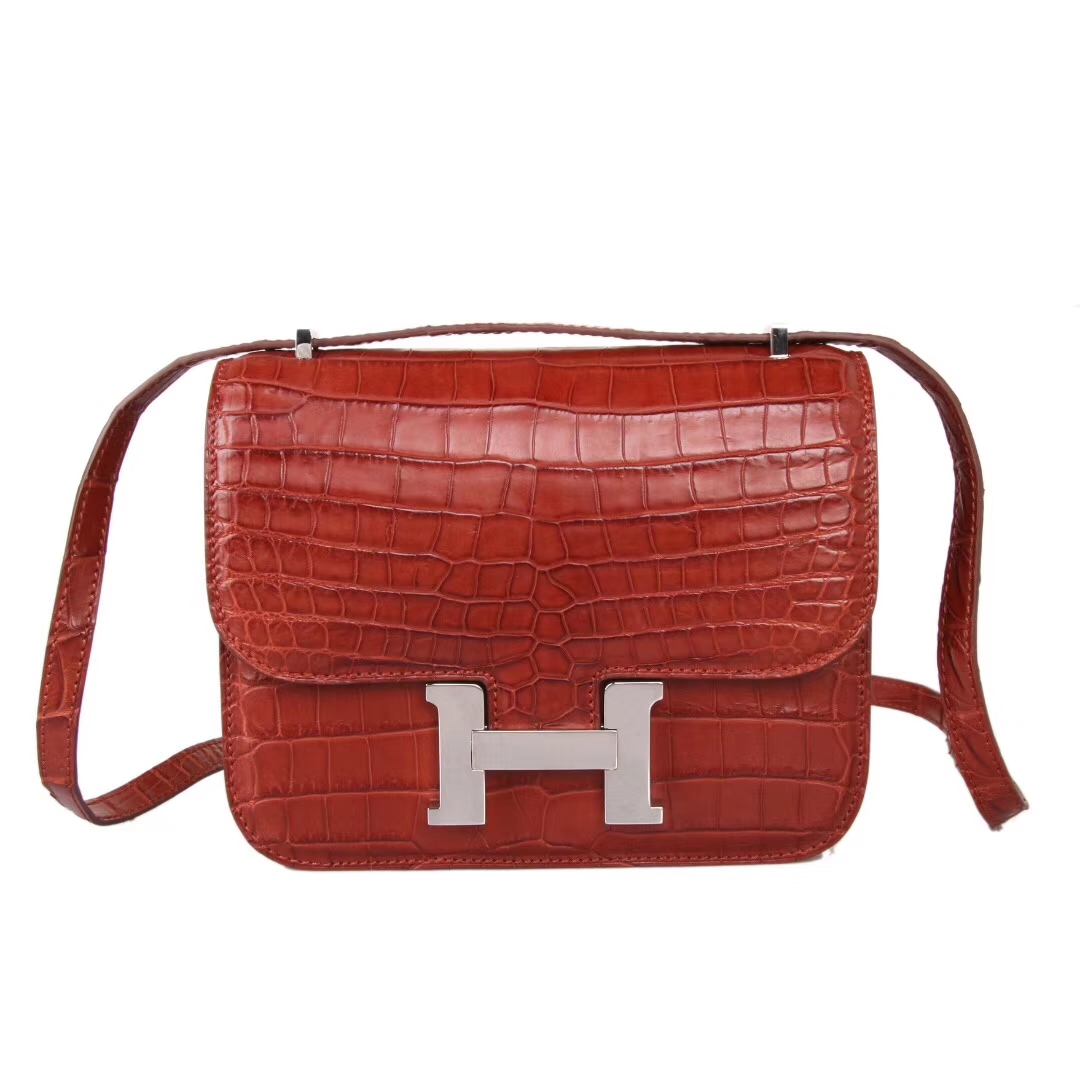 Hermès（爱马仕）Constance空姐包 珊瑚红 哑光鳄鱼 银扣 23cm