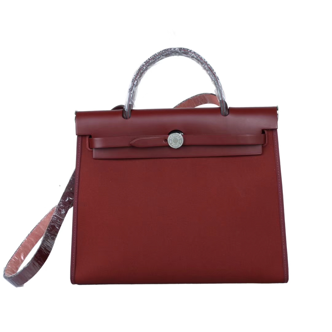 Hermès（爱马仕）herbag马鞍包 驼色马鞍皮拼爱马仕红 帆布 31cm