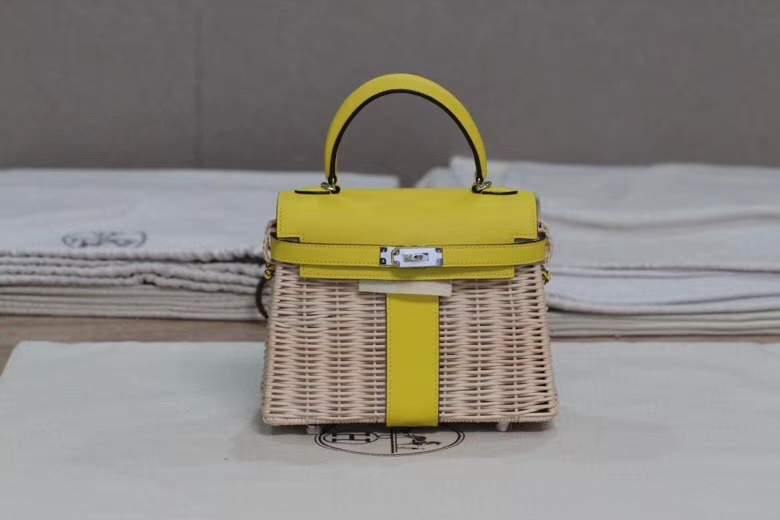 Hermès（爱马仕）Kelly picnic mini 柠檬黄 野餐包 藤条编织 22cm