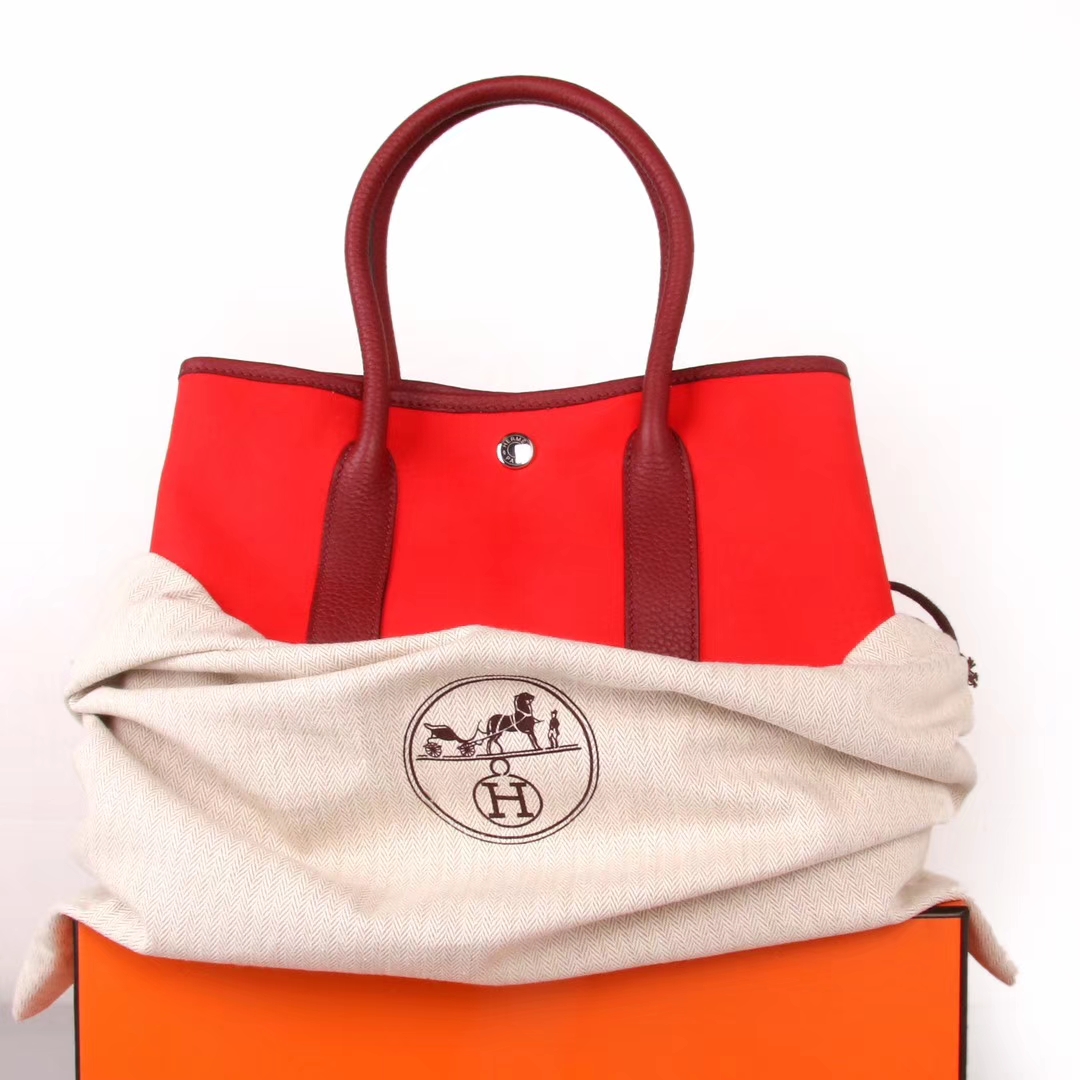 Hermès（爱马仕）garden party 花园包 酒红色togo拼红色帆布 30CM