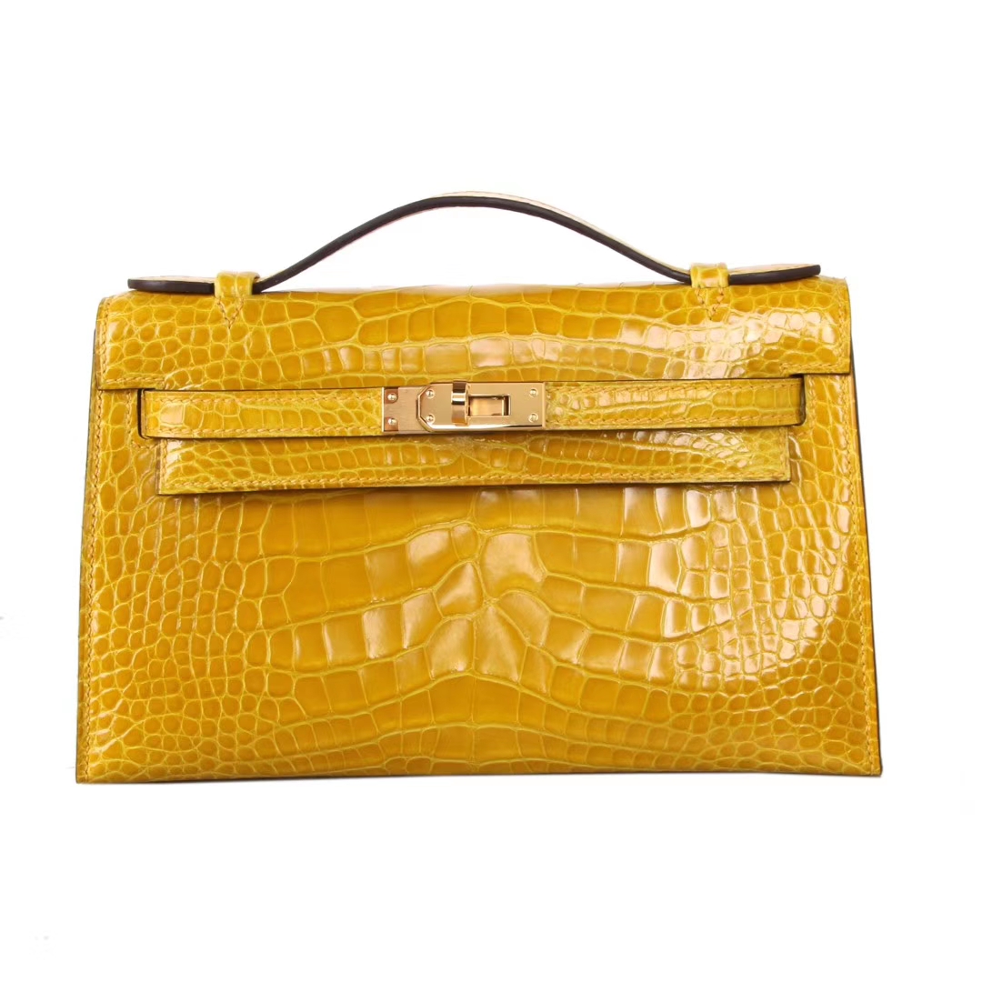 Hermès（爱马仕）mini kelly 迷你凯莉 琥珀黄  亮面鳄鱼 金扣 22cm 一代