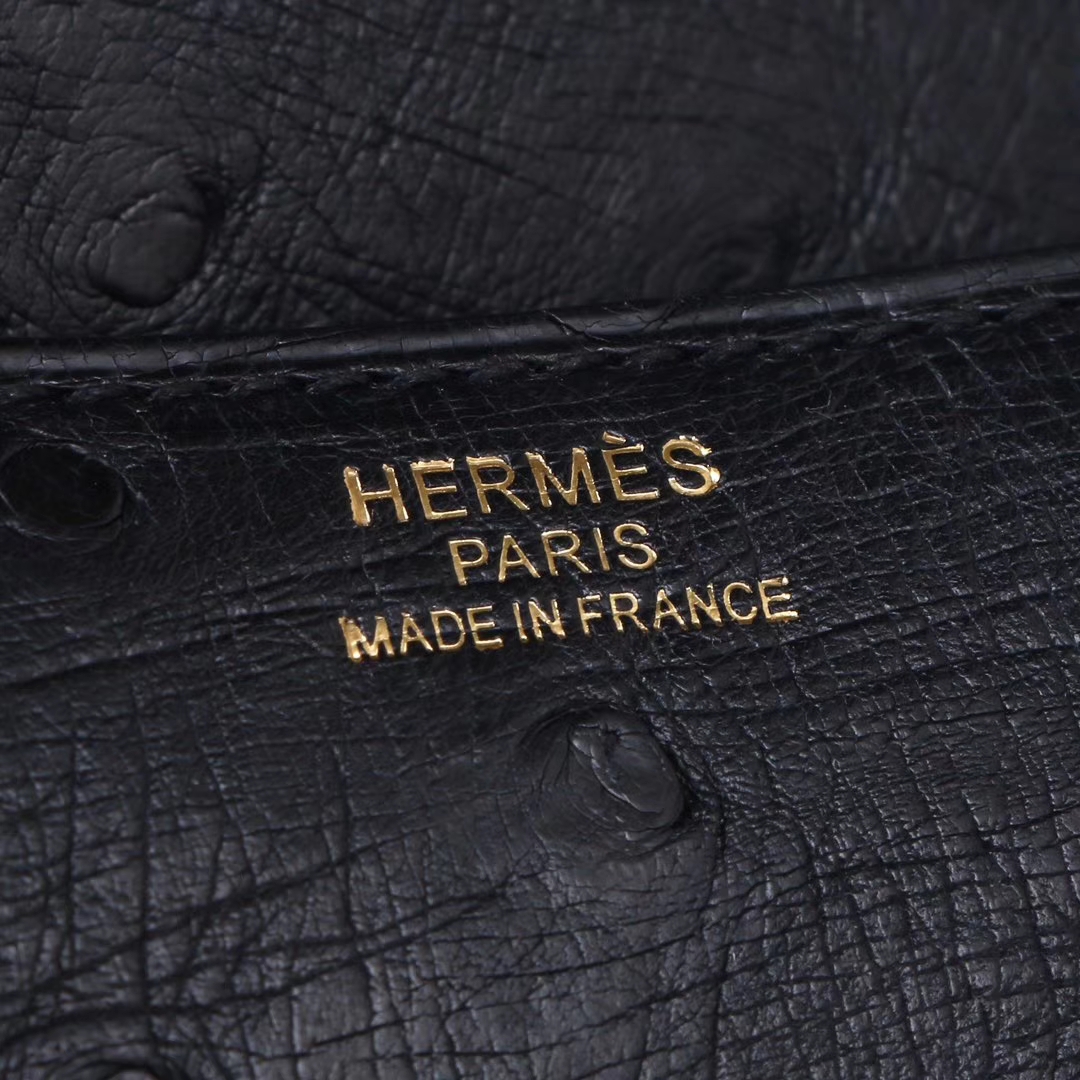 Hermès（爱马仕）Constance空姐包 玫瑰‎金 黑色 鸵‎鸟皮 23cm
