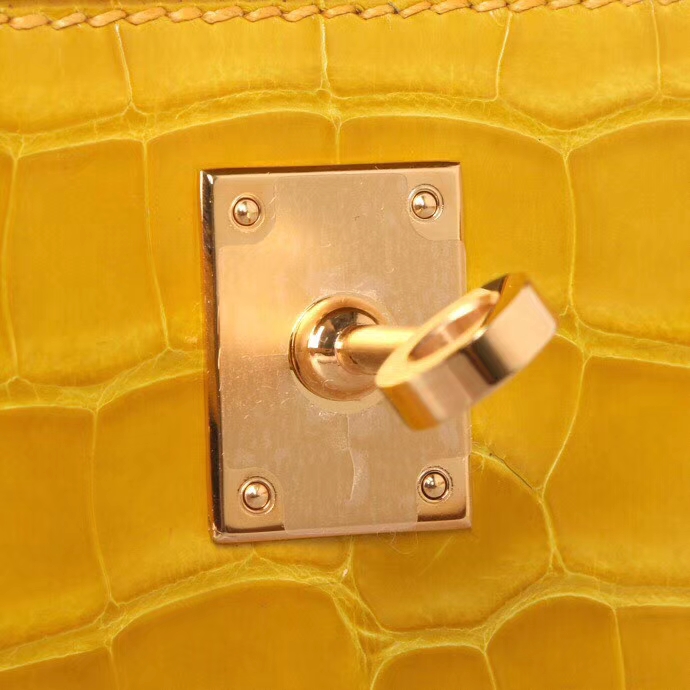 Hermès（爱马仕）miniKelly 一代​ 22cm 琥珀​黄‎ 金扣​ 亮​面鳄​鱼