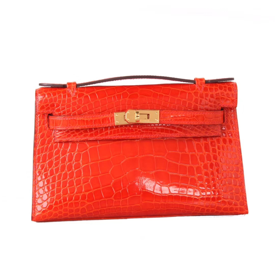 Hermès（爱马仕）mini kelly 一​代 22cm 火焰橙 亮​面鳄‎鱼 金扣