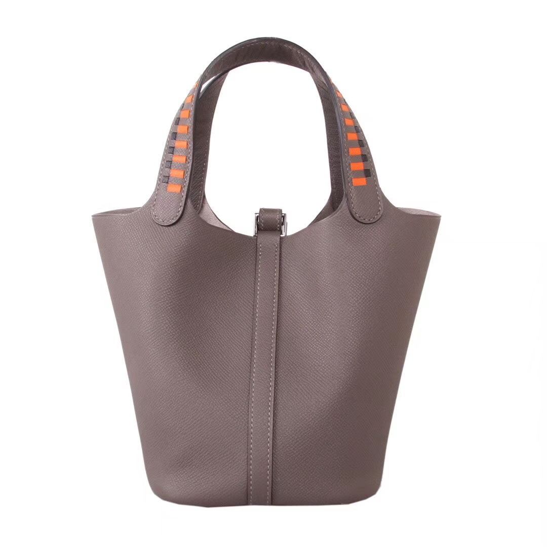 Hermès（爱马仕）Picotin 菜篮包 锡器灰 编‎织​系列 epsom皮 银扣 18cm