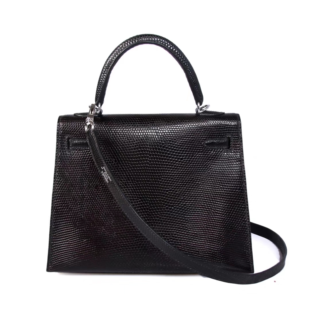 Hermès（爱马仕）Kelly 凯莉包 黑色 蜥蜴皮 银扣 25cm