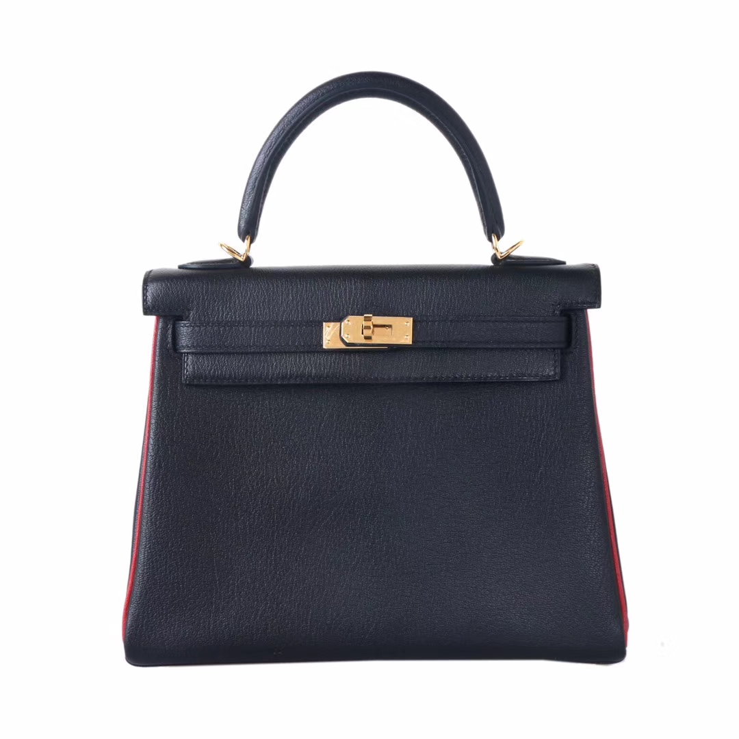 Hermès（爱马仕）Kelly 凯莉包 黑金​ 山羊皮 拼中国红龙‎骨 25cm