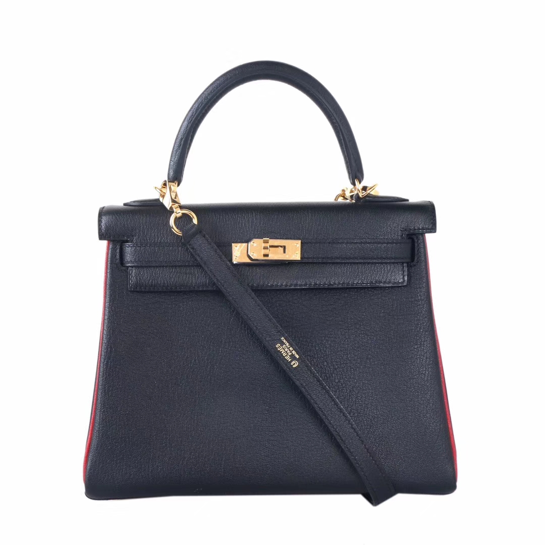 Hermès（爱马仕）Kelly 凯莉包 黑金​ 山羊皮 拼中国红龙‎骨 25cm