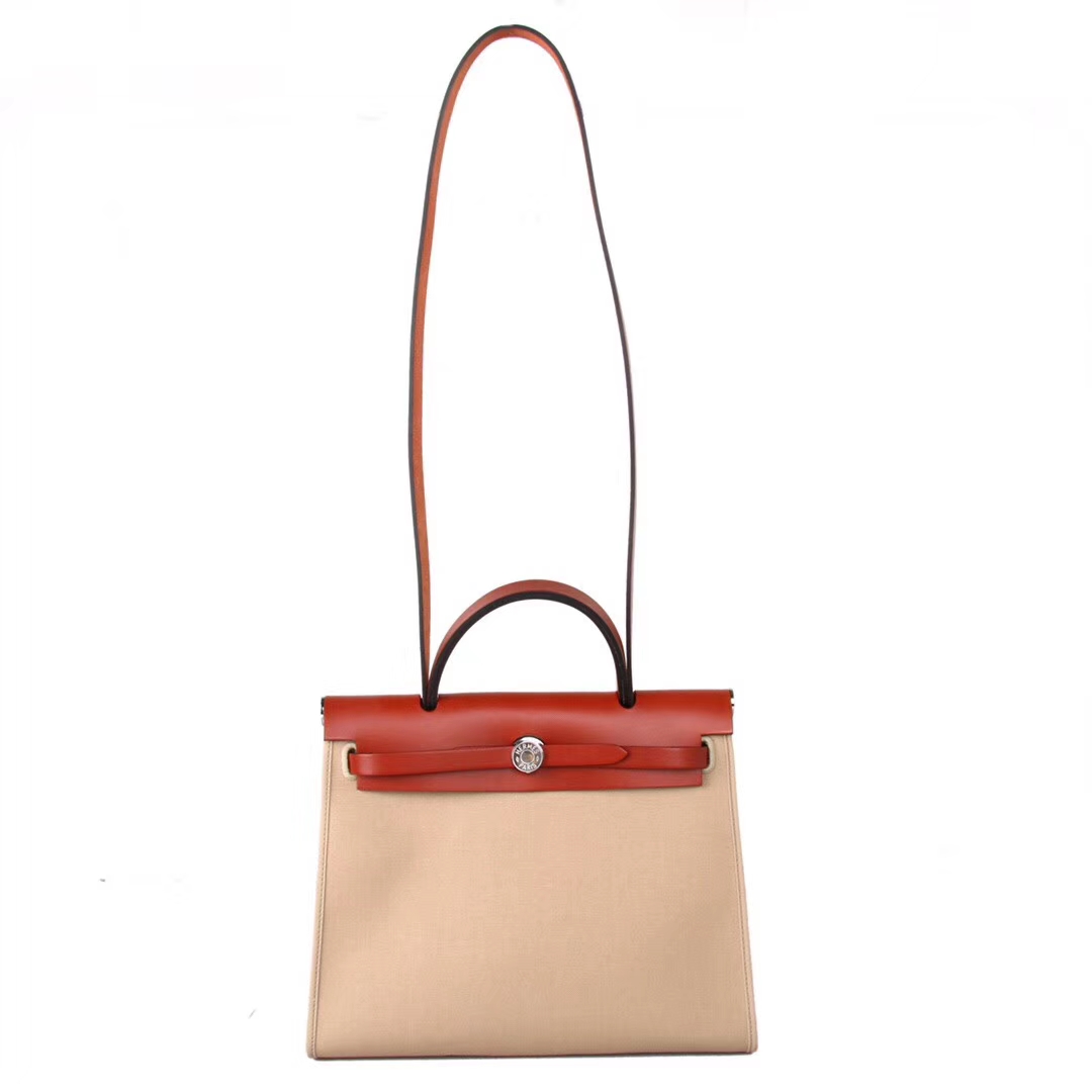 Hermès（爱马仕）herbag 31cm 酒红​马鞍皮拼 原色​帆布‎