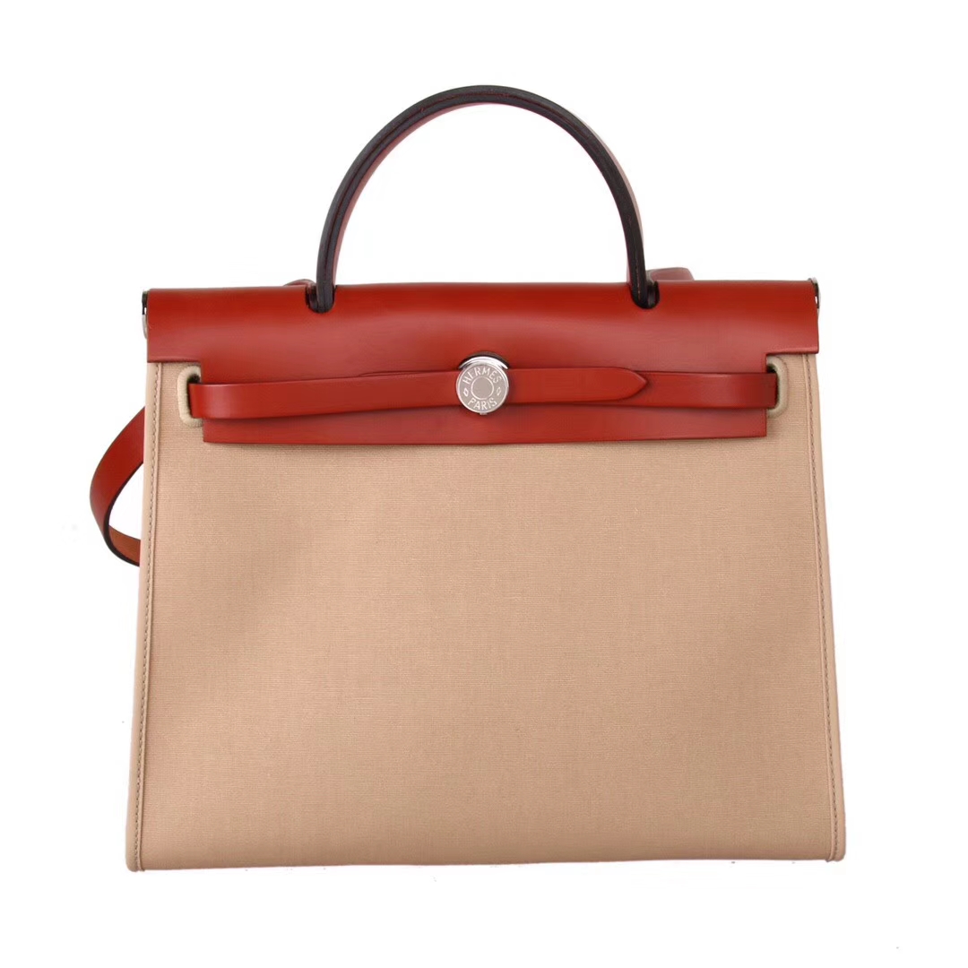 Hermès（爱马仕）herbag 31cm 酒红​马鞍皮拼 原色​帆布‎