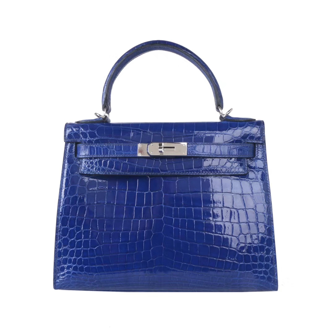 Hermès（爱马仕）Kelly 凯莉包 ‎7T电光蓝 亮面‎鳄鱼 银扣 28cm