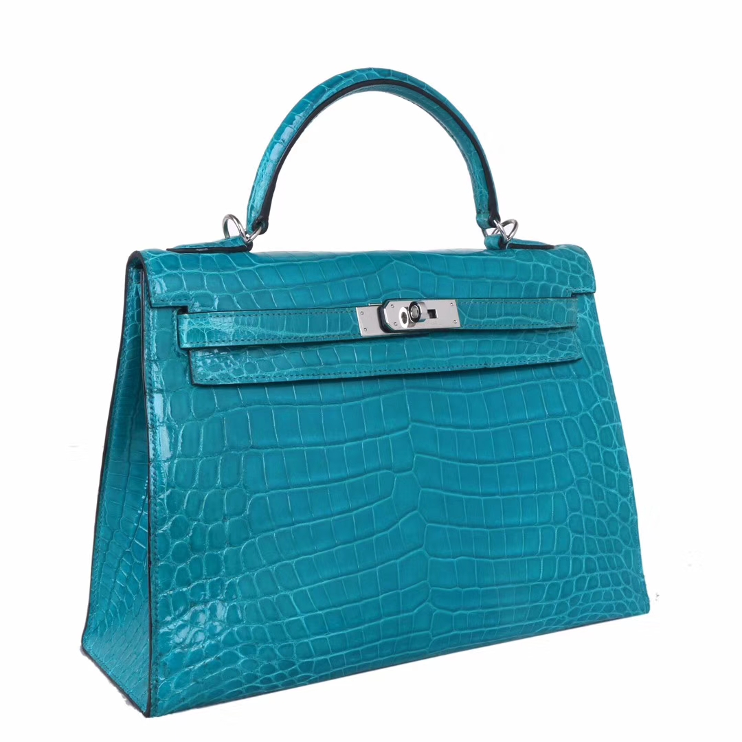 Hermès（爱马仕）Kelly 凯莉包 ‎7V湖水蓝亮面‎鳄鱼 银扣 28cm