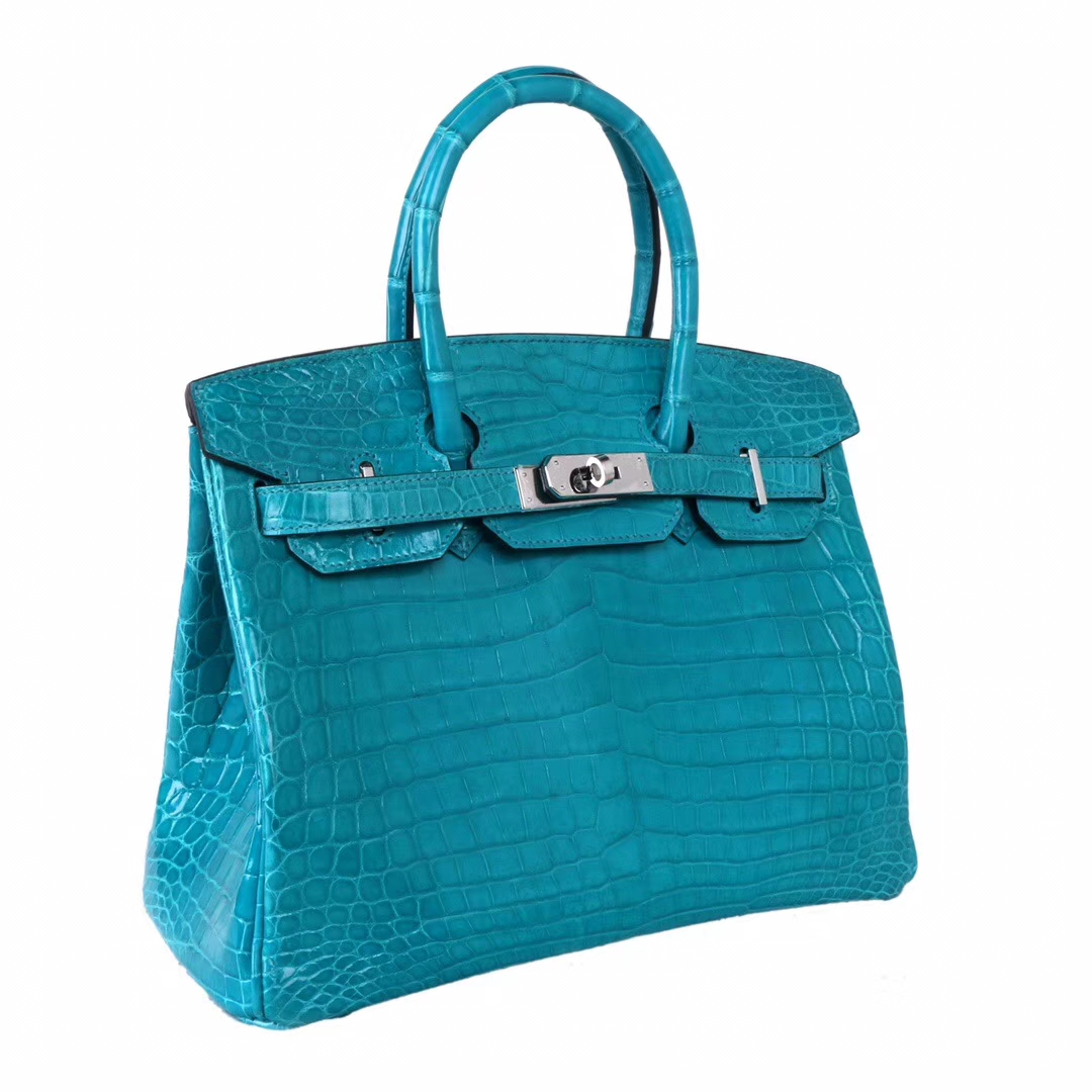 Hermès（爱马仕）Birkin 铂金包 7V湖水蓝 亮面​鳄‎鱼 银扣 30cm