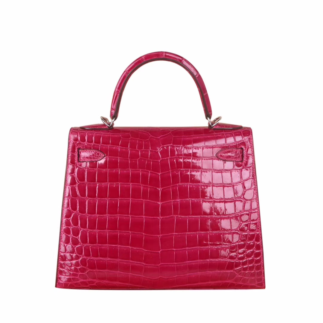 Hermès（爱马仕）Kelly 凯莉包 ‎5J桃‌红 亮面‎鳄鱼 银扣 28cm