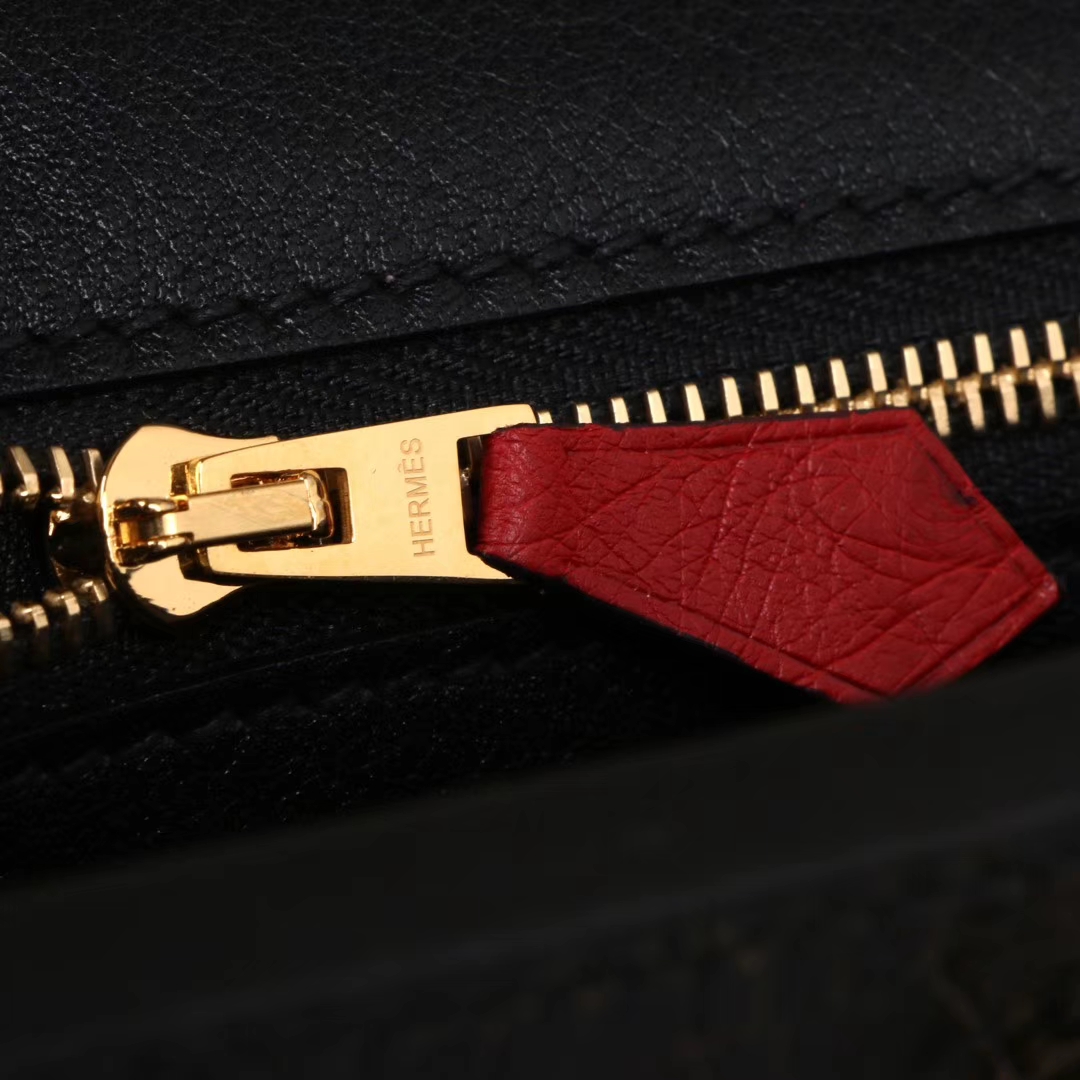 Hermès（爱马仕）Kelly 2424 中国红鸵鸟拼黑色鳄鱼 银扣 29cm