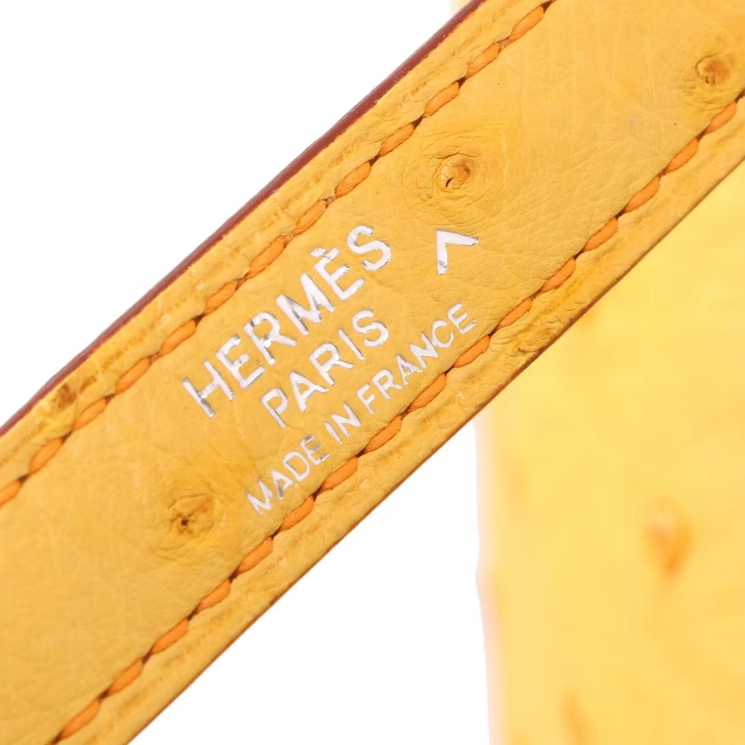 Hermès（爱马仕）Kelly 2424 琥珀黄鸵鸟拼咖啡色鳄鱼 银扣 29CM