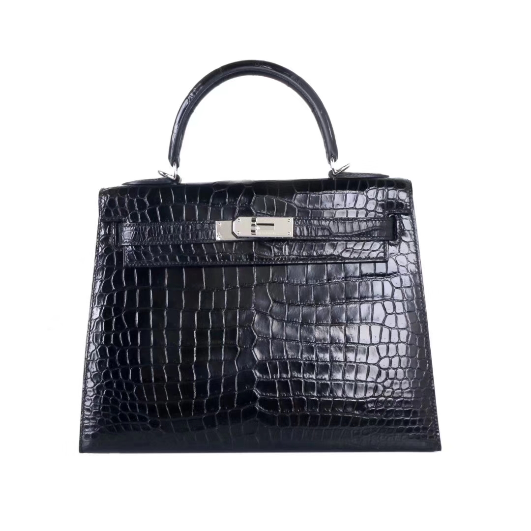 Hermès（爱马仕）Kelly CK89黑色 亮面鳄鱼 银扣 28cm