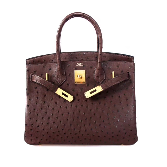 Hermès（爱马仕）Birkin 铂金包 CK47巧克力 南非鸵鸟皮 金扣 30cm