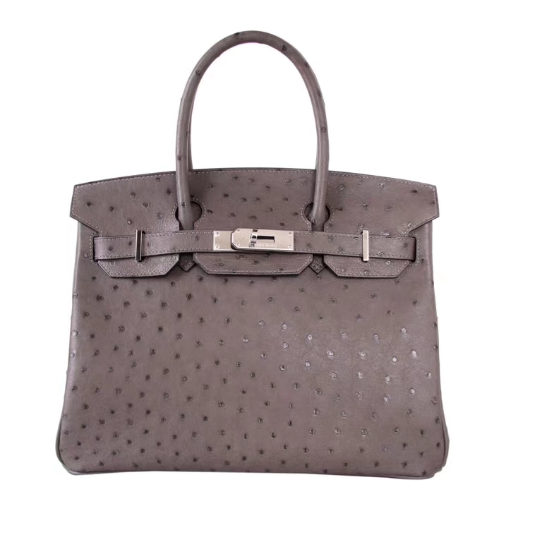 Hermès（爱马仕）Birkin 铂金包 CK82玛瑙灰 鸵鸟皮 银扣 30cm