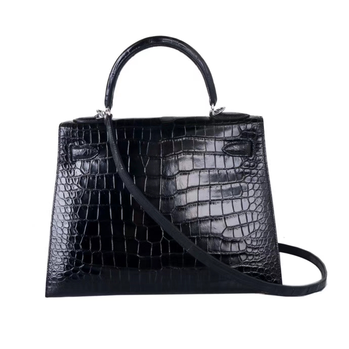 Hermès（爱马仕）Kelly 凯莉包 CK89黑色 亮面鳄鱼 银扣 28cm