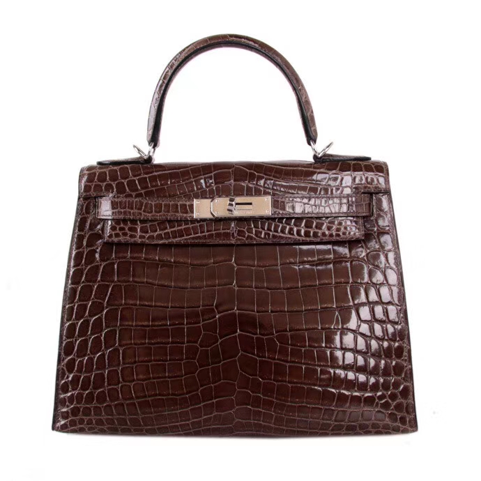 Hermès（爱马仕）Kelly 凯莉包 咖啡色 亮面鳄鱼 银扣 28cm