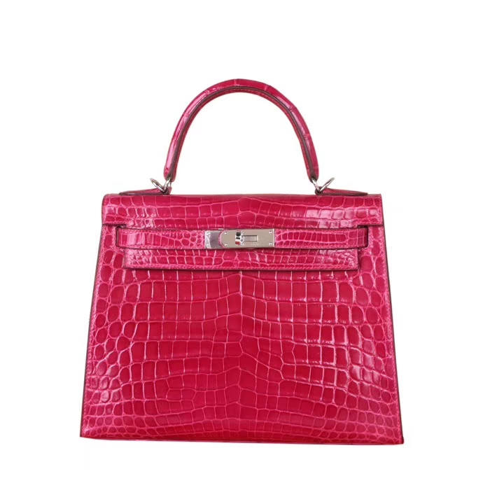 Hermès（爱马仕）Kelly 凯莉包 5J桃红 亮面鳄鱼 银扣 28cm