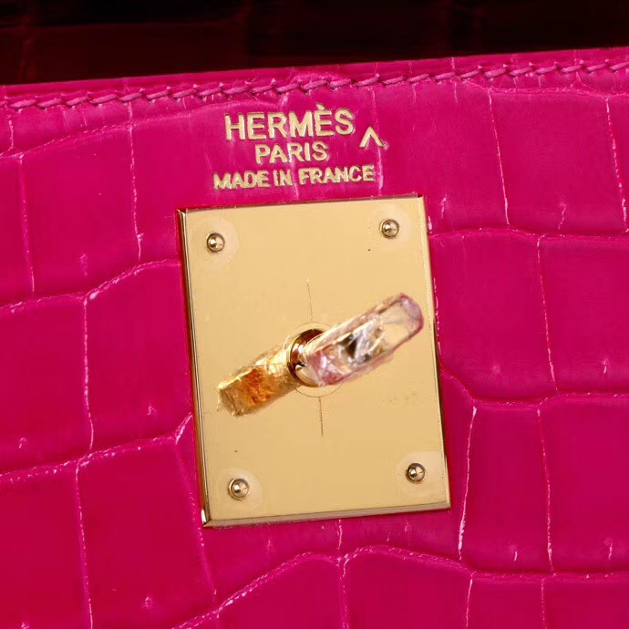 Hermès（爱马仕）Kelly 凯莉包 天方夜谭紫拼翡翠绿 亮面鳄鱼 金扣 28cm