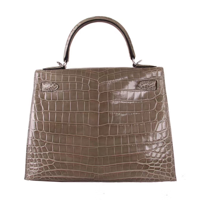 Hermès（爱马仕）Kelly 凯莉包 CK81斑鸠灰 亮面鳄鱼 银扣 28cm