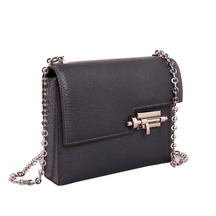 Hermès（爱马仕）Verrou 锁链包 黑色 山羊皮 银扣 17cm
