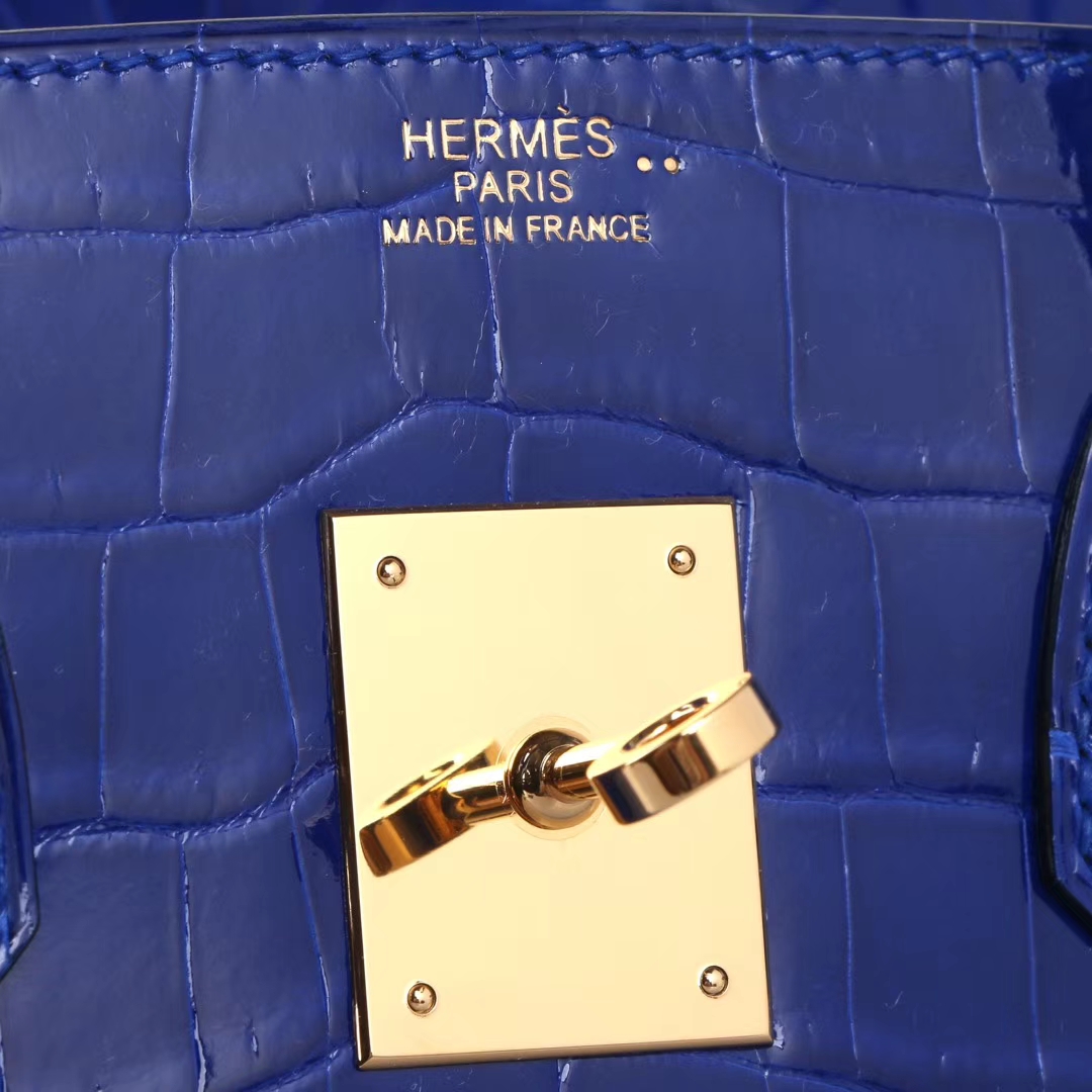 Hermès（爱马仕）Birkin 铂金包 电光蓝 亮面鳄鱼 金扣 30cm