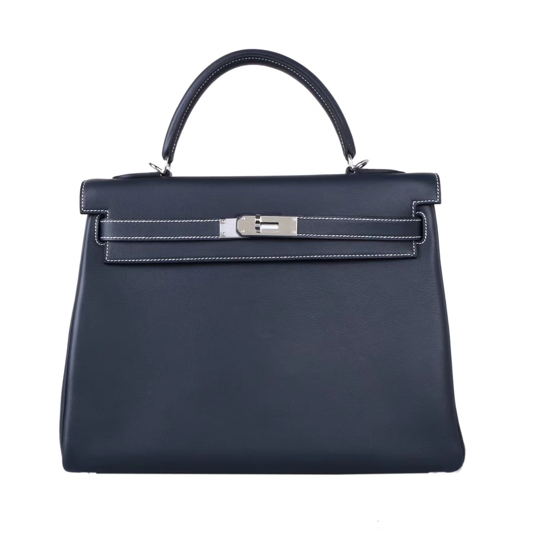 Hermès（爱马仕）Kelly 32cm 银扣 午夜蓝白线  Swift