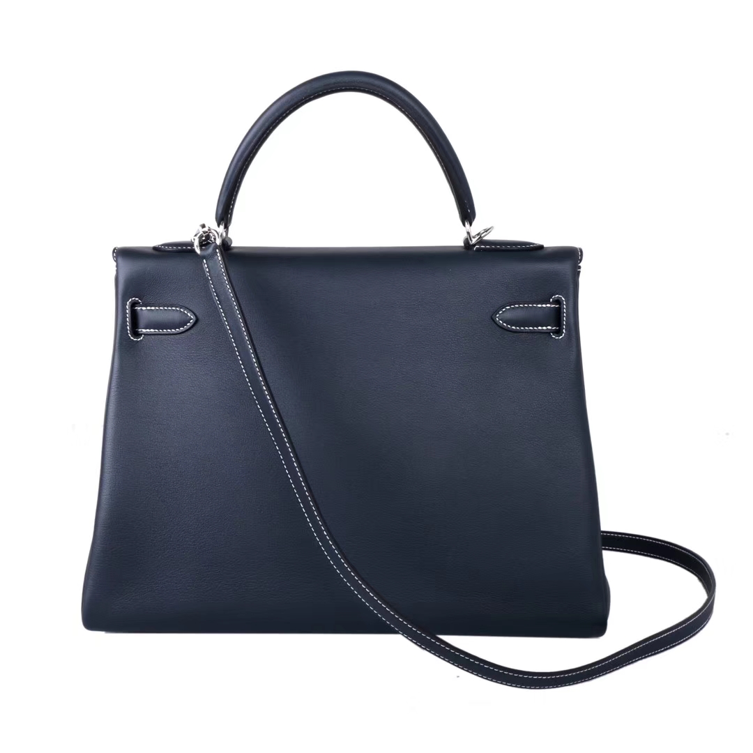 Hermès（爱马仕）Kelly 32cm 银扣 午夜蓝白线  Swift