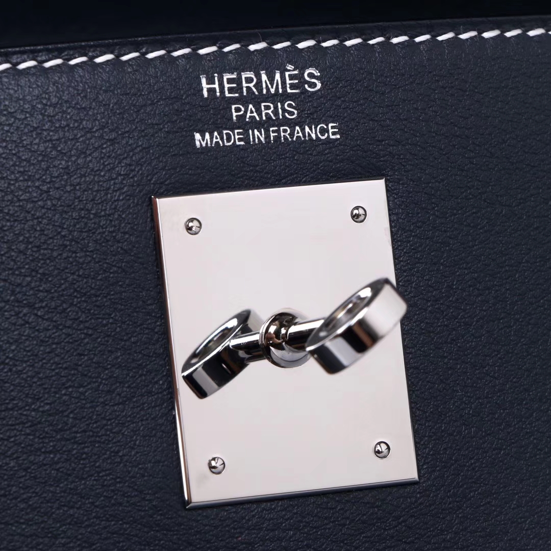 Hermès（爱马仕）Kelly 32cm 银扣 午夜蓝白线  Swift