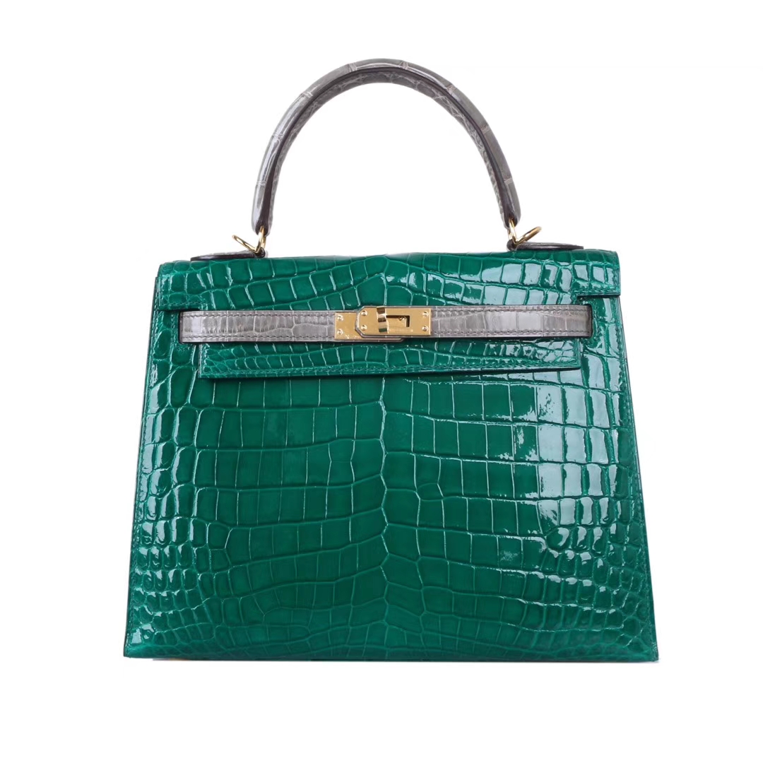 Hermès（爱马仕）Kelly 凯莉包 翡翠绿拼斑鸠灰 亮面鳄鱼 金扣 25cm